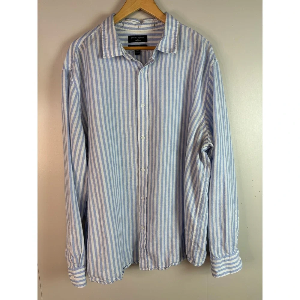 Banana Republic Button Down Shirt XXL Blue Striped Slim Fit Linen Blend Mens